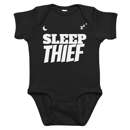 Black baby bodysuit with Sleep Thief printed in white on the front