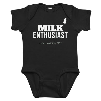 Black baby bodysuit with Milk Enthusiast printed in white on the front