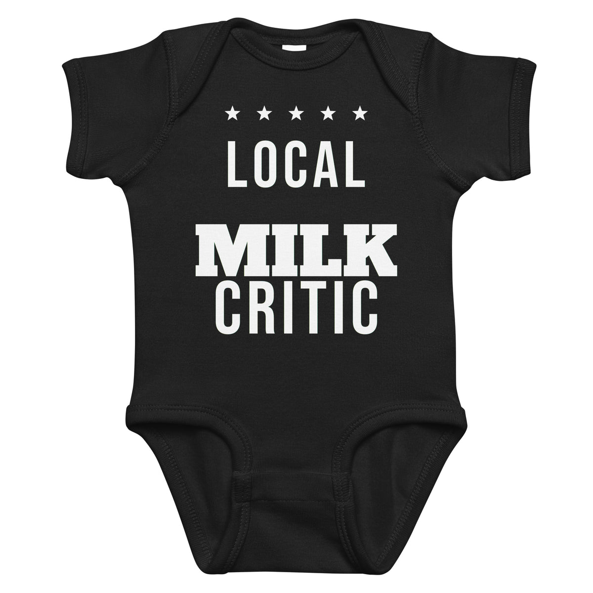 Black baby bodysuit with Local Milk Critic printed in white on the front