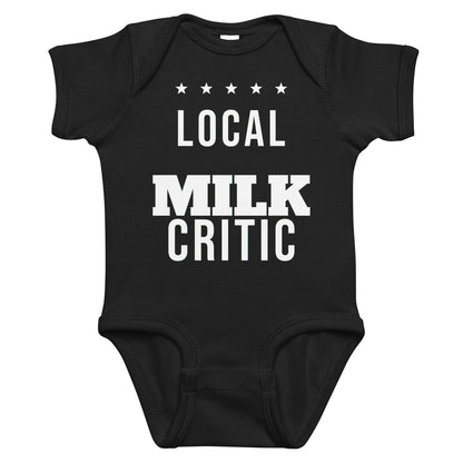 Black baby bodysuit with Local Milk Critic printed in white on the front