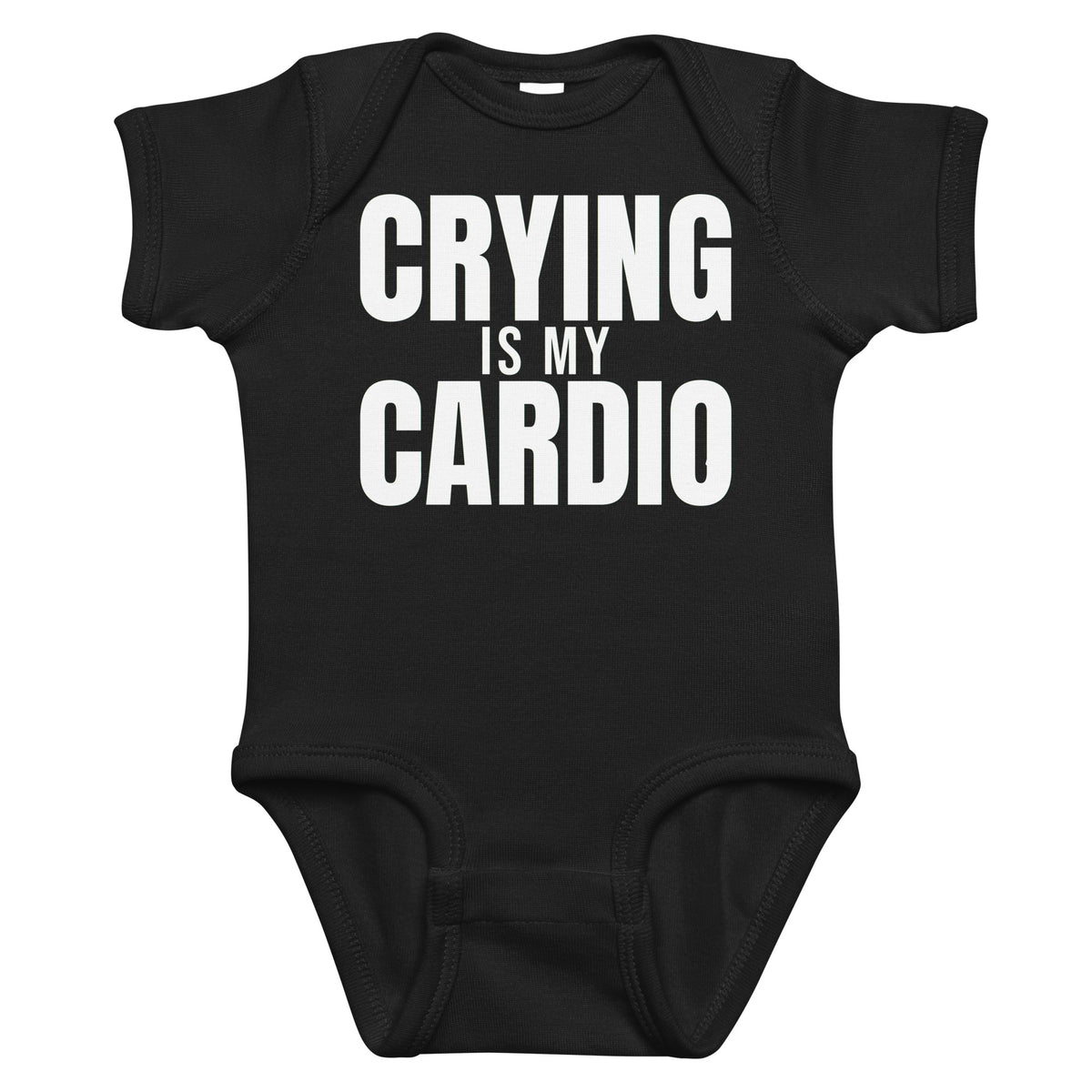 Black baby bodysuit with Crying Is My Cardio printed in white on the front
