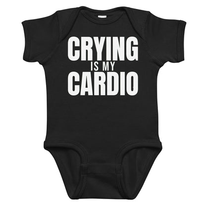 Black baby bodysuit with Crying Is My Cardio printed in white on the front