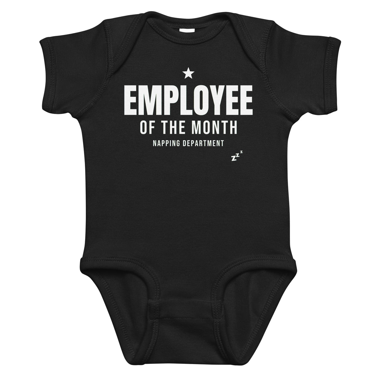 Black baby bodysuit with Employee Of The Month printed in white on the front