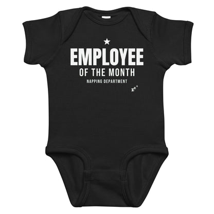 Black baby bodysuit with Employee Of The Month printed in white on the front