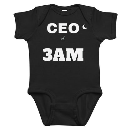 Black baby bodysuit with CEO Of 3AM printed in white on the front
