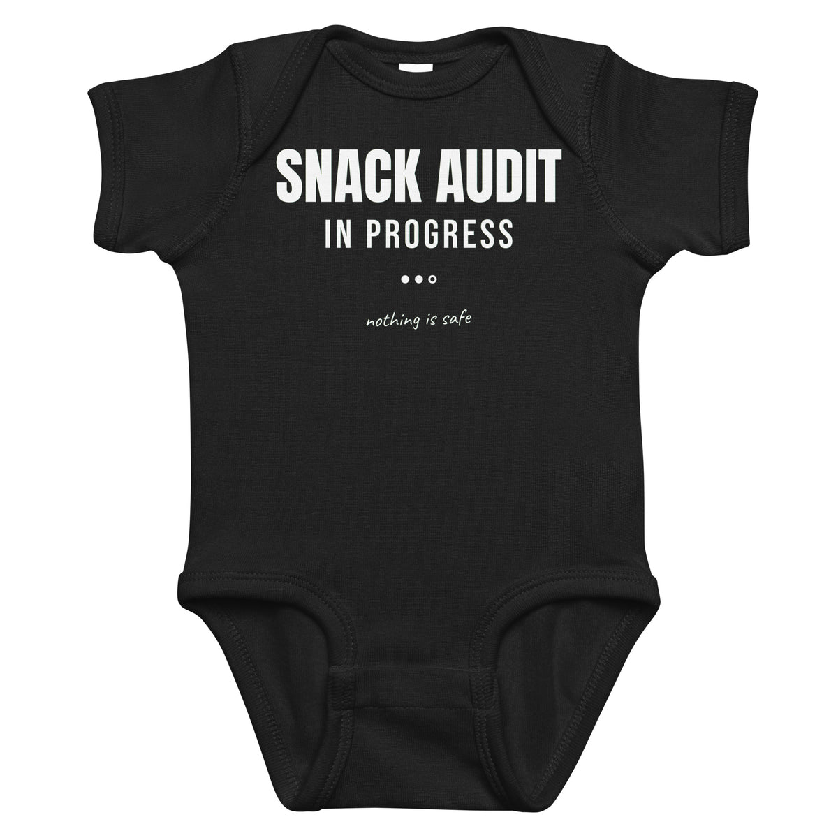 Black baby bodysuit with Snack Audit In Progress printed in white on the front