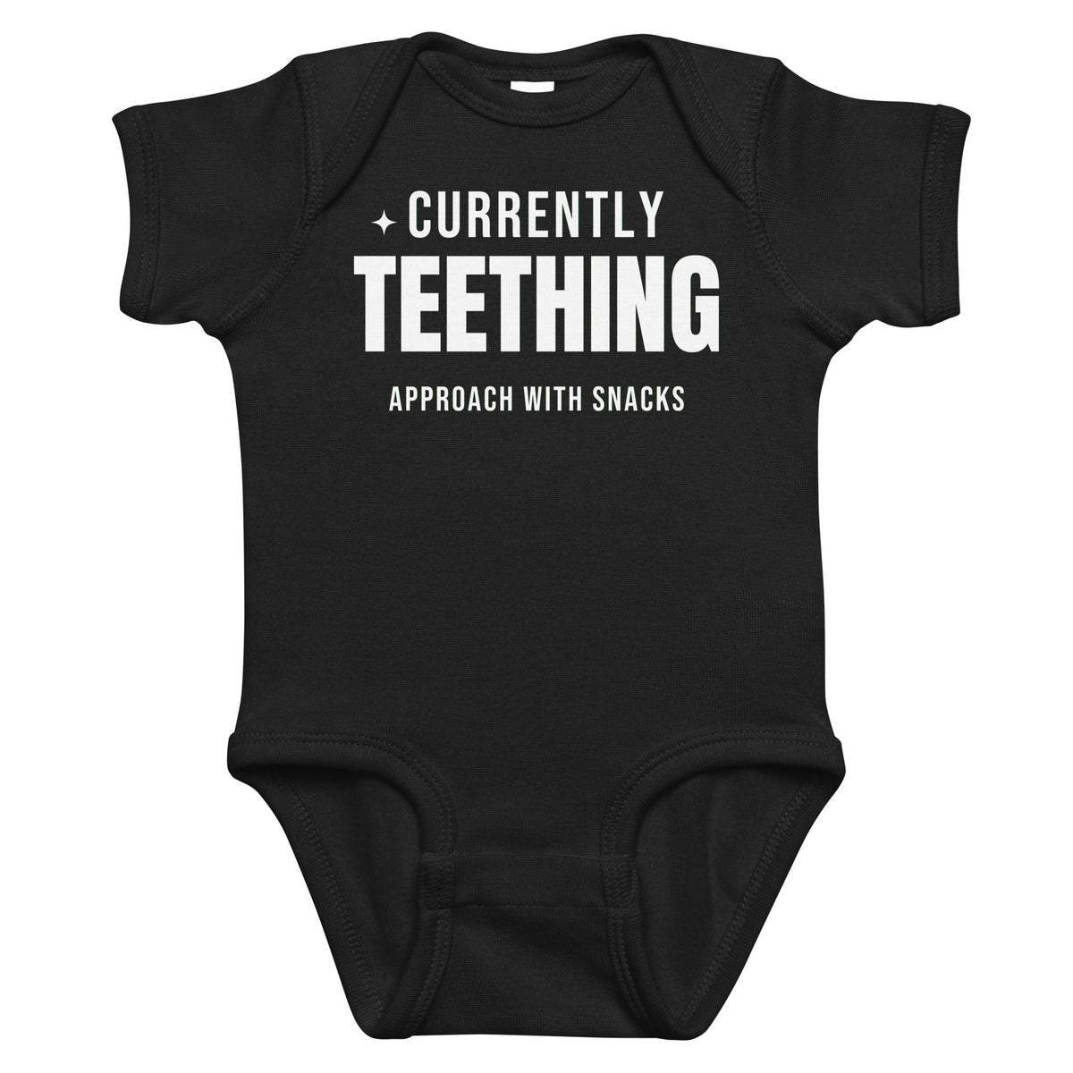 Black baby bodysuit with Currently Teething printed in white on the front