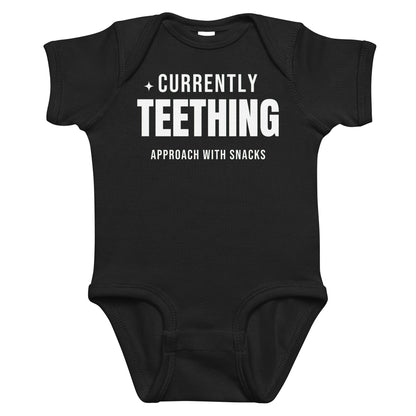 Black baby bodysuit with Currently Teething printed in white on the front