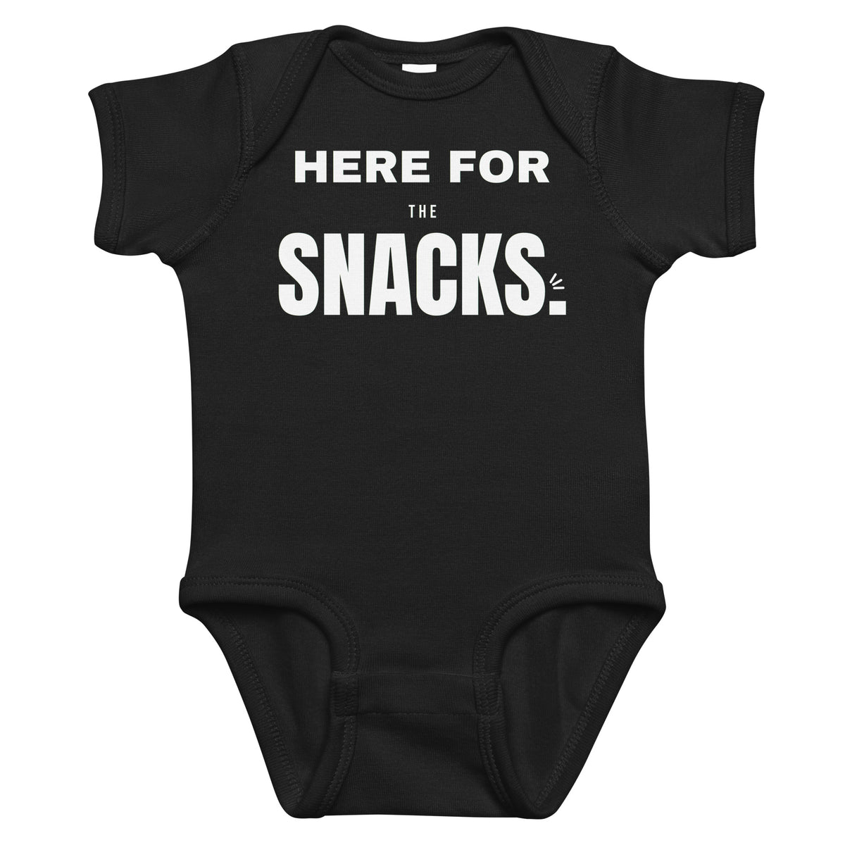 Black baby bodysuit with Here For The Snacks printed in white on the front