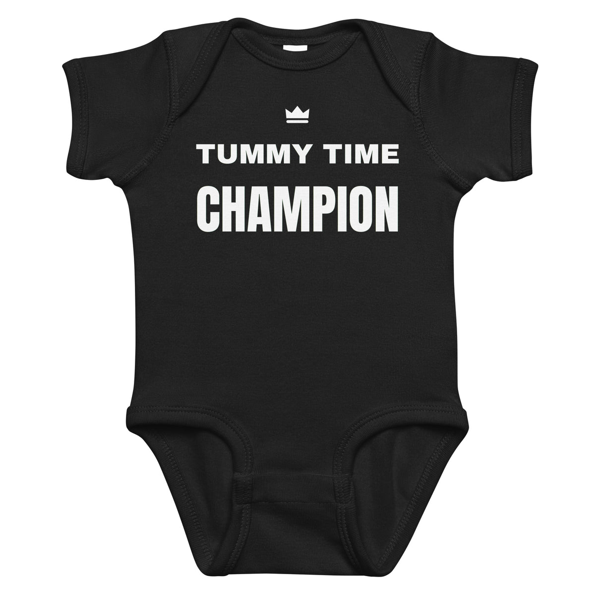 Black baby bodysuit with Tummy Time Champion printed in white on the front