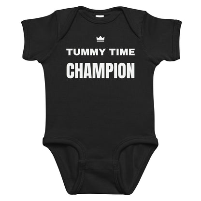 Black baby bodysuit with Tummy Time Champion printed in white on the front