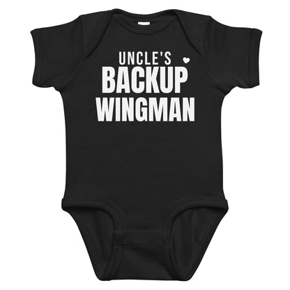 Black baby bodysuit with Uncle's Backup Wingman printed in white on the front