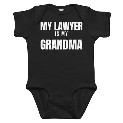 Black baby bodysuit with My Lawyer Is My Grandma printed in white on the front