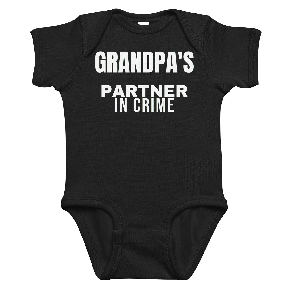 Black baby bodysuit with Grandpa's Partner In Crime printed in white on the front