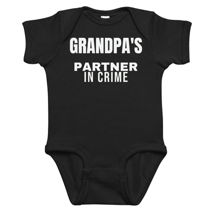 Black baby bodysuit with Grandpa's Partner In Crime printed in white on the front