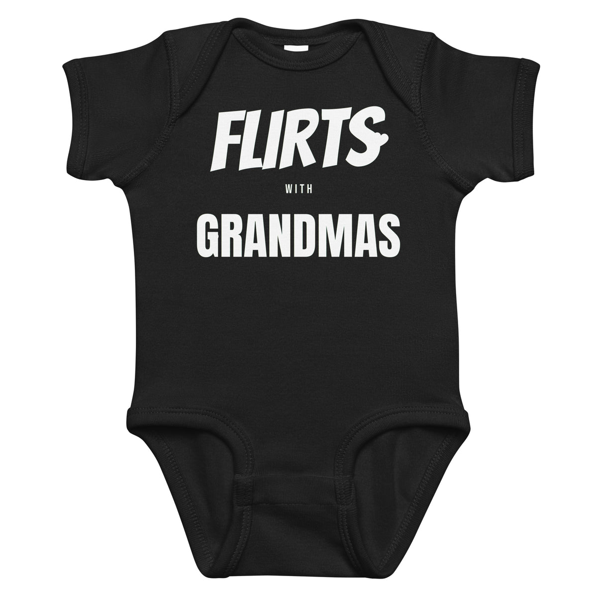 Black baby bodysuit with Flirts With Grandmas printed in white on the front