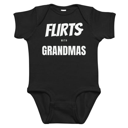 Black baby bodysuit with Flirts With Grandmas printed in white on the front