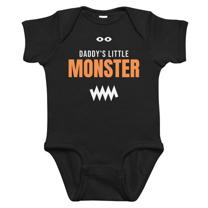 Black baby bodysuit with Daddy's Little Monster printed in orange on the front