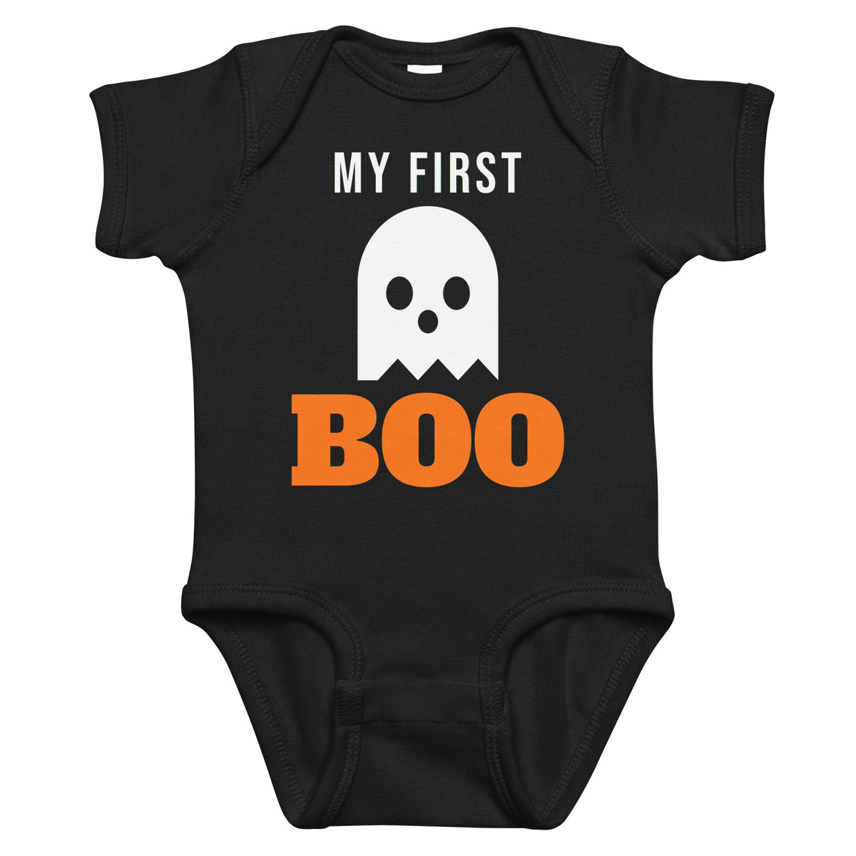 Black baby bodysuit with My First Boo printed in orange on the front
