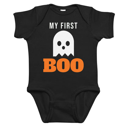 Black baby bodysuit with My First Boo printed in orange on the front