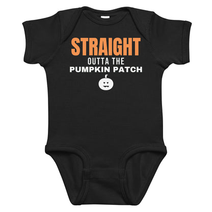 Black baby bodysuit with Straight Outta The Pumpkin Patch printed in orange on the front