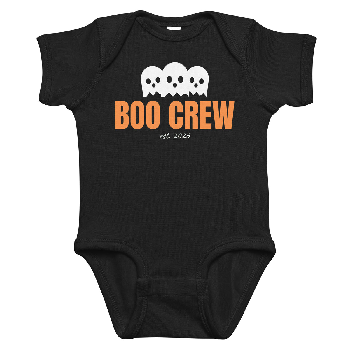 Black baby bodysuit with Boo Crew printed in orange on the front