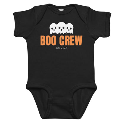 Black baby bodysuit with Boo Crew printed in orange on the front