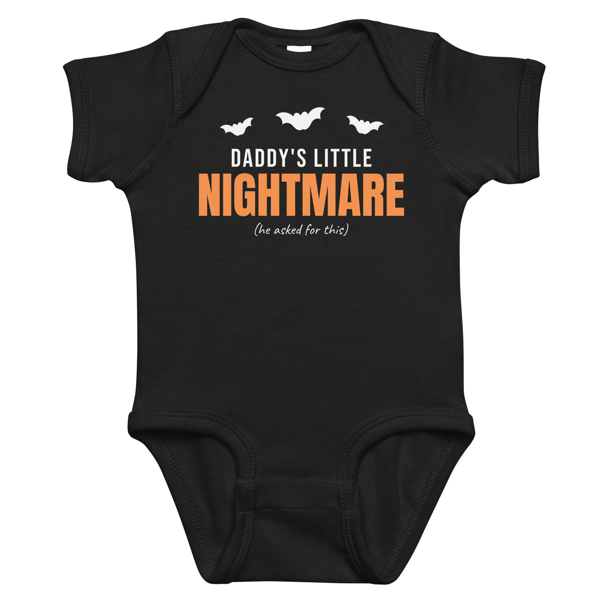 Black baby bodysuit with Daddy's Little Nightmare printed in orange on the front