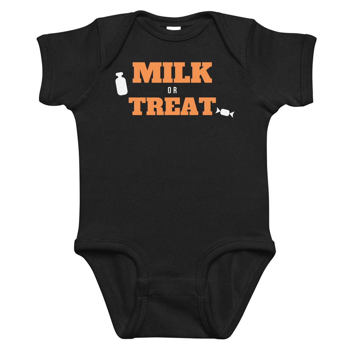 Black baby bodysuit with Milk Or Treat printed in orange on the front