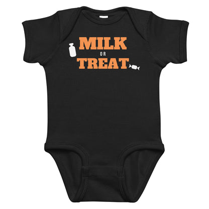 Black baby bodysuit with Milk Or Treat printed in orange on the front