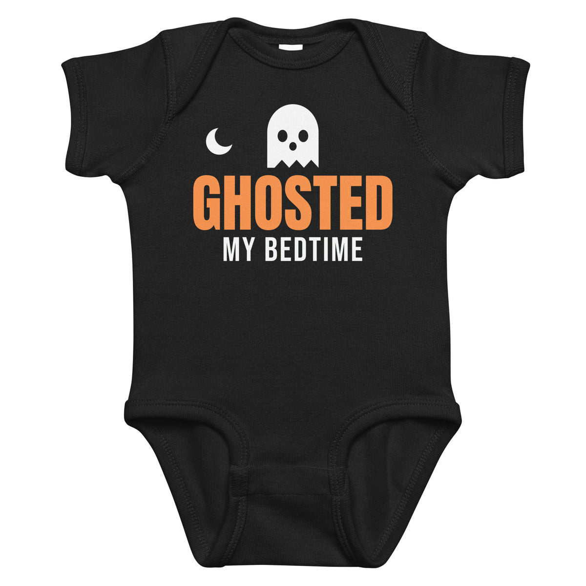 Black baby bodysuit with Ghosted My Bedtime printed in orange on the front