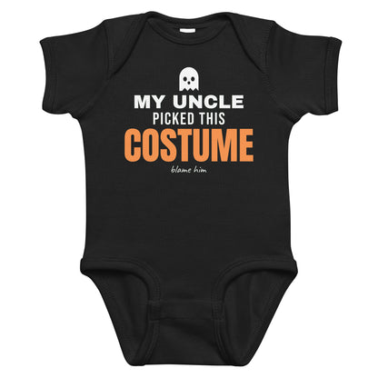 Black baby bodysuit with My Uncle Picked This Costume printed in orange on the front