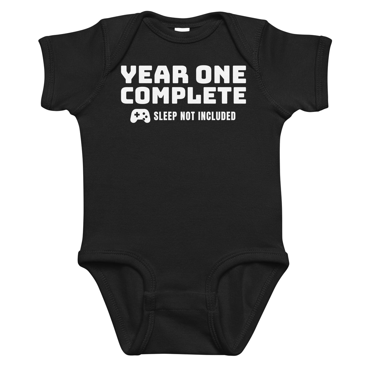 Black baby bodysuit with Year One Complete printed in white on the front