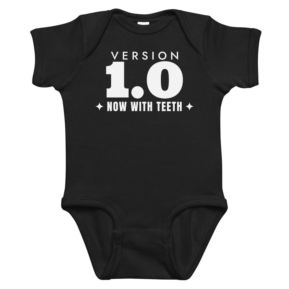 Black baby bodysuit with Version 1.0 Now With Teeth printed in white on the front