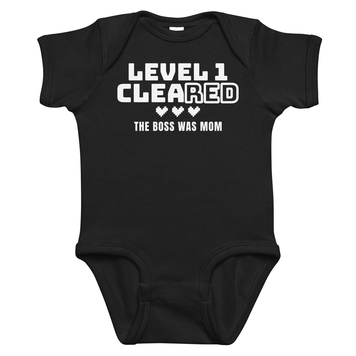 Black baby bodysuit with Level 1 Cleared printed in white on the front