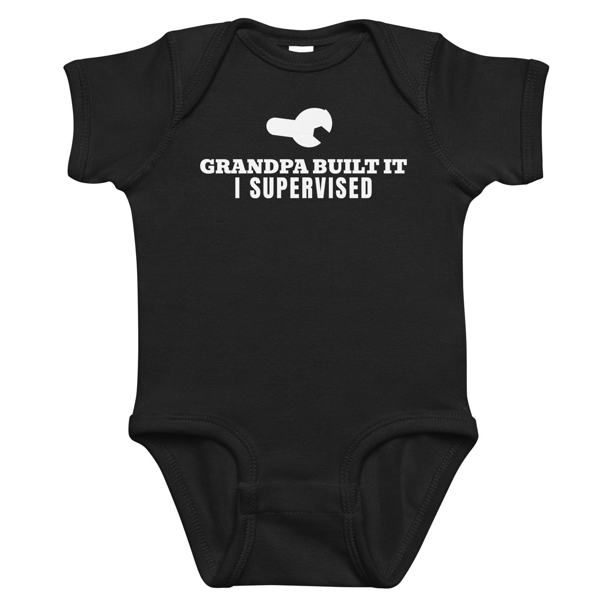 Black baby bodysuit with Grandpa Built It I Supervised printed in white on the front