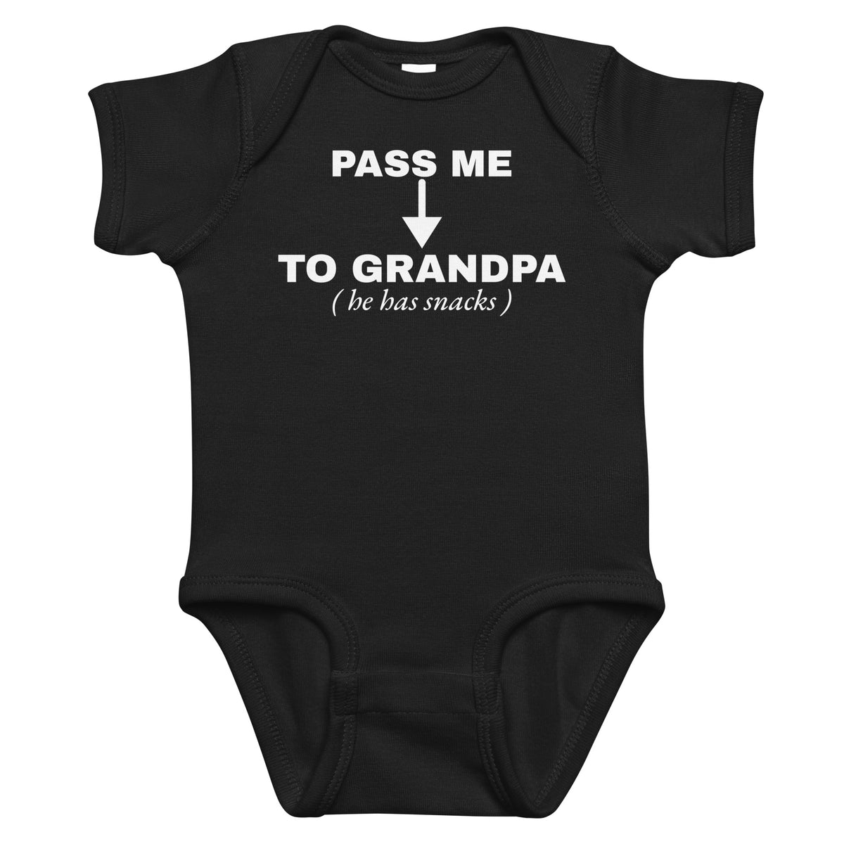 Black baby bodysuit with Pass Me To Grandpa printed in white on the front