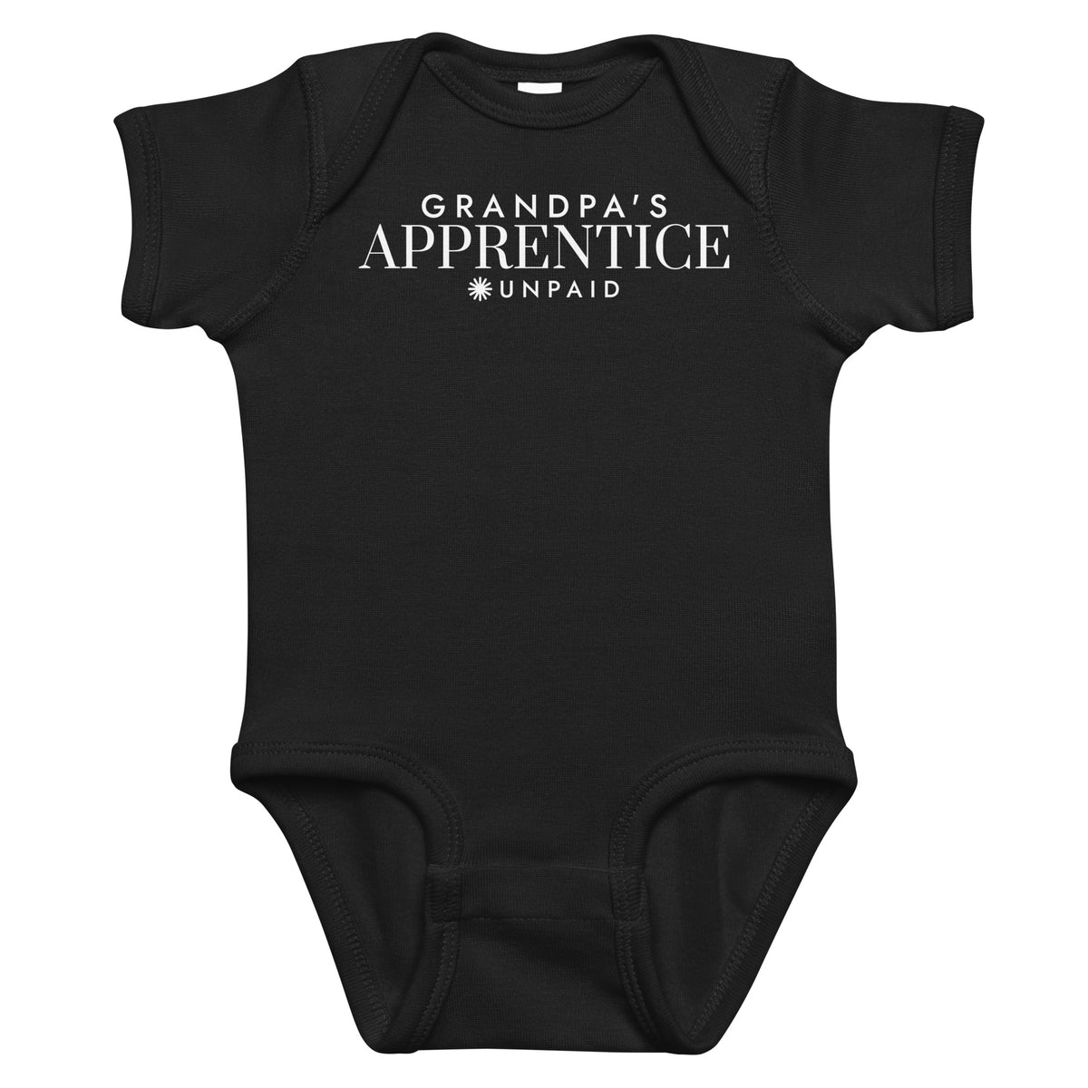 Black baby bodysuit with Grandpa's Apprentice. Unpaid. printed in white on the front