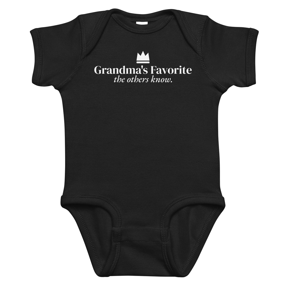 Black baby bodysuit with Grandma's Favorite printed in white on the front