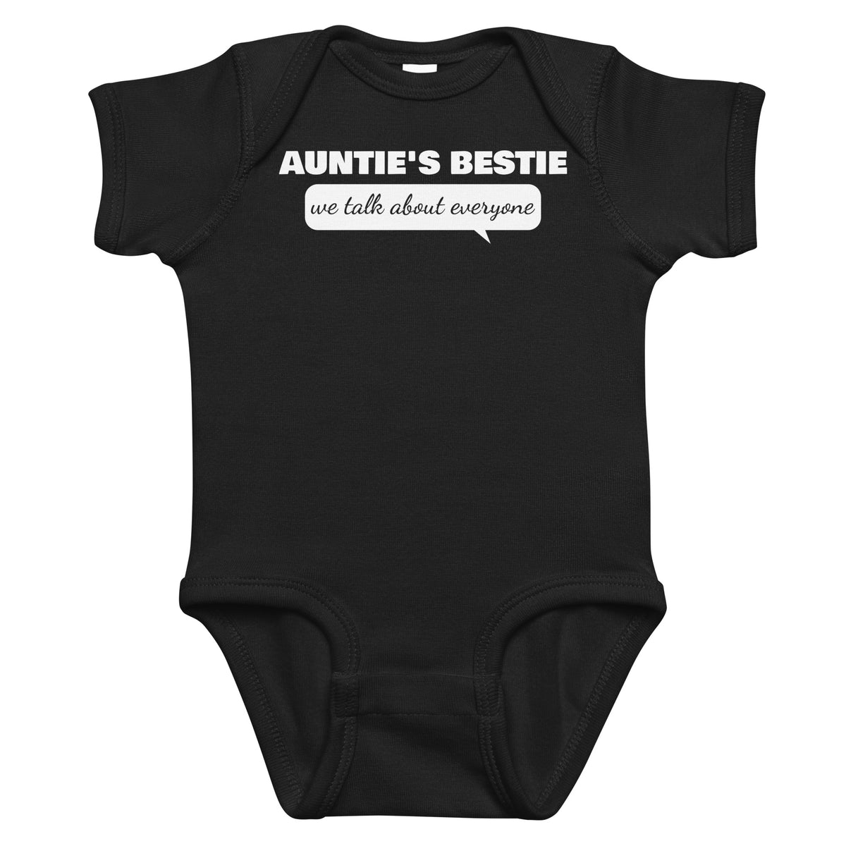 Black baby bodysuit with Auntie's Bestie printed in white on the front