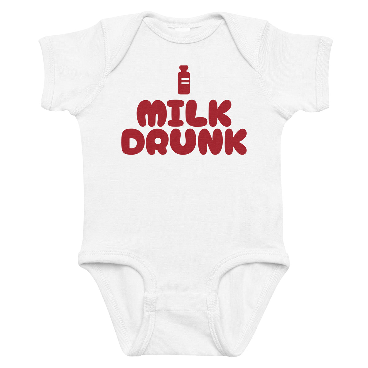 White baby bodysuit with Milk Drunk printed in red on the front