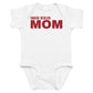 White baby bodysuit with Snack Dealer: Mom printed in red on the front