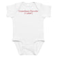 White baby bodysuit with Grandma's Favorite (I Asked) printed in red on the front