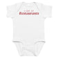 White baby bodysuit with I Cry At Restaurants printed in red on the front