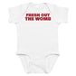 White baby bodysuit with Fresh Out The Womb printed in red on the front