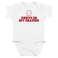 White baby bodysuit with Party In My Diaper printed in red on the front