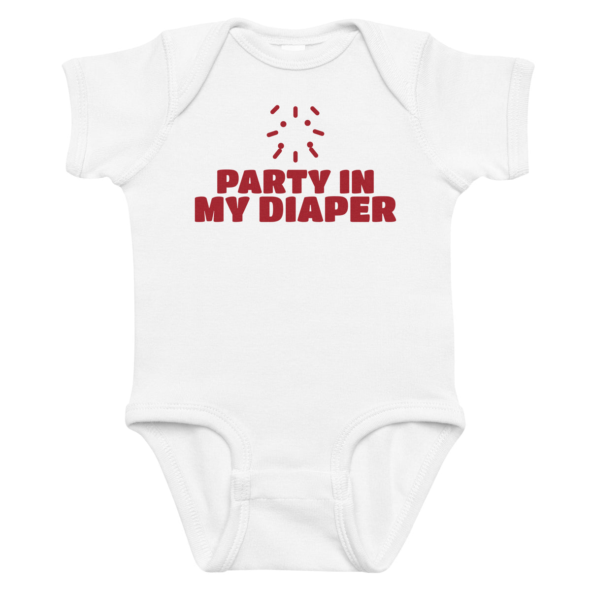 White baby bodysuit with Party In My Diaper printed in red on the front