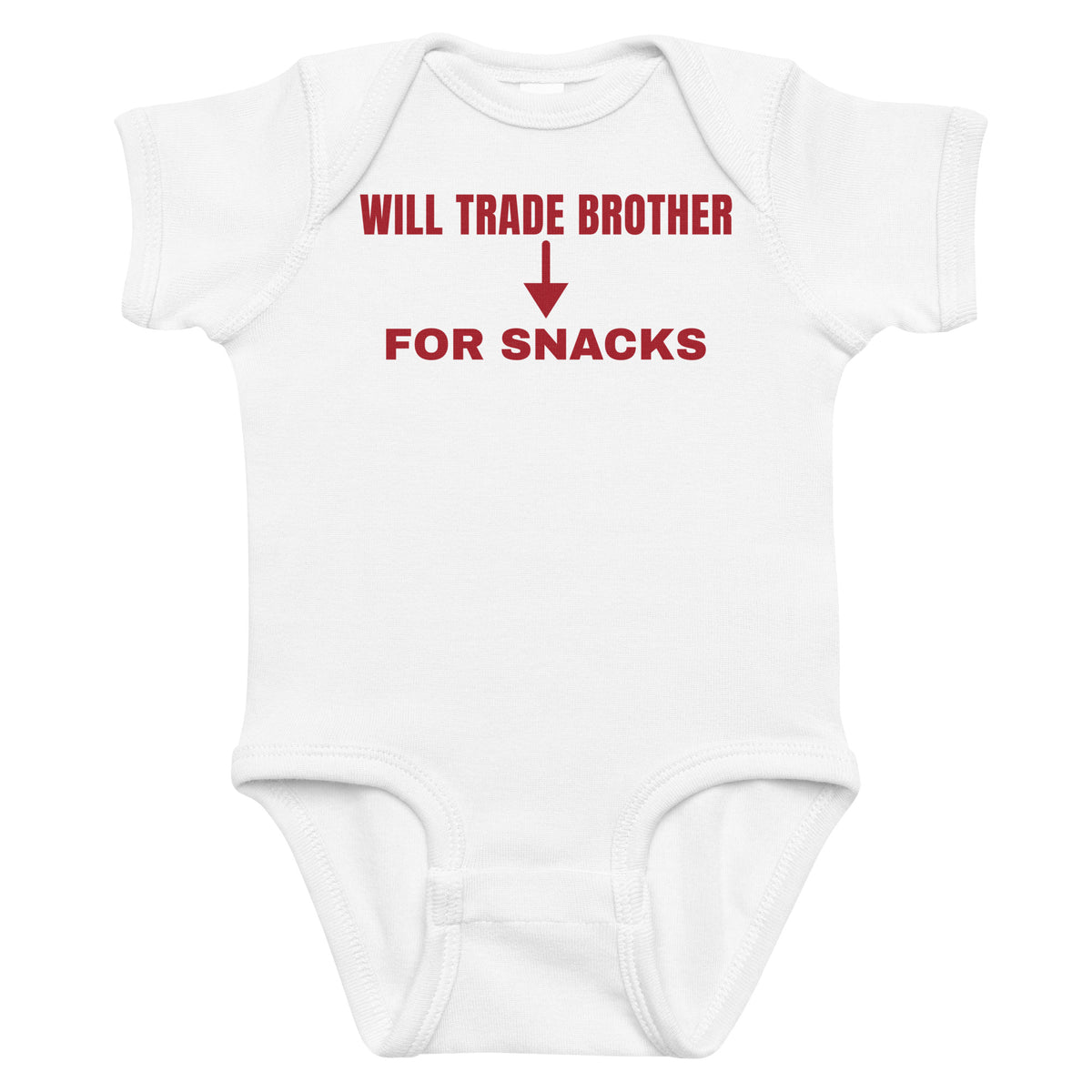 White baby bodysuit with Will Trade Brother For Snacks printed in red on the front