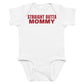 White baby bodysuit with Straight Outta Mommy printed in red on the front