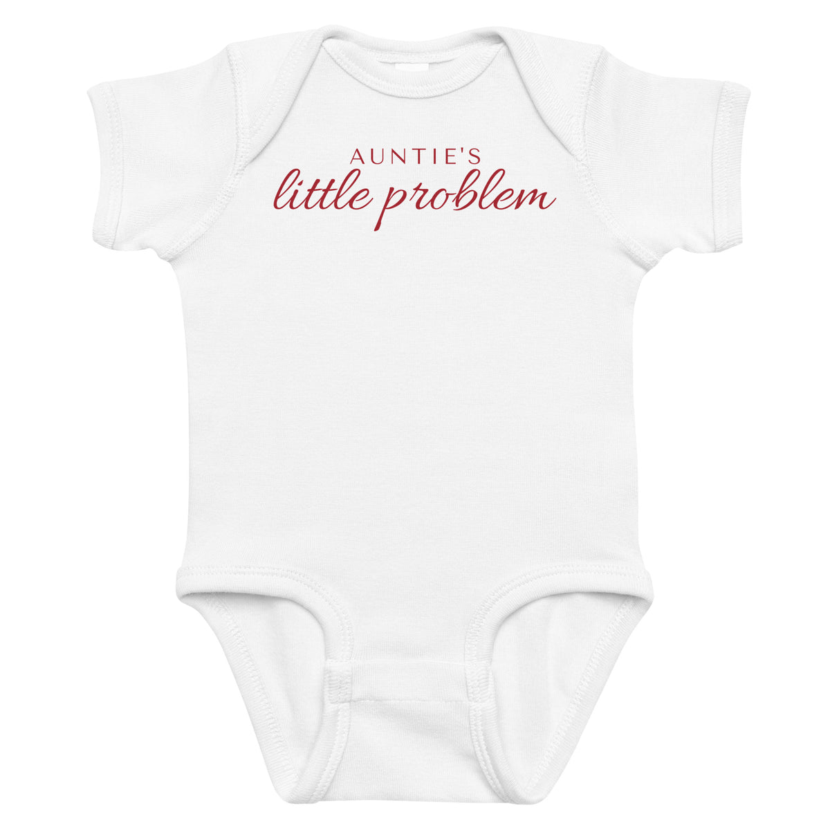 White baby bodysuit with Auntie's Little Problem printed in red on the front